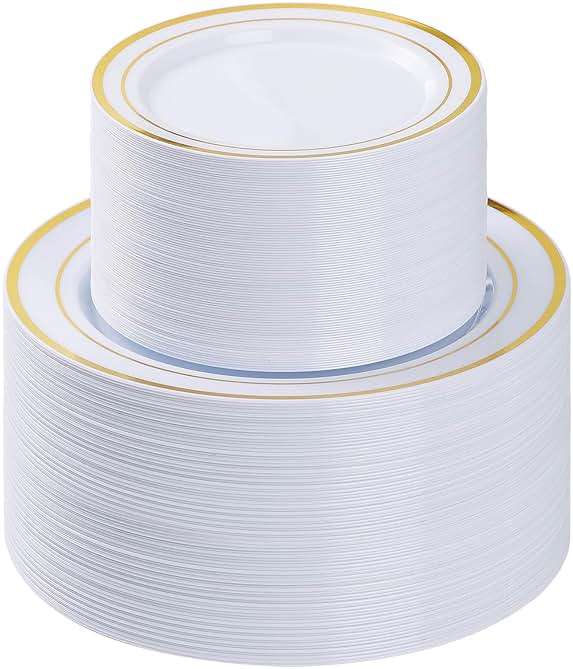 BESTVIP 200PCS Gold Plastic Plate, Disposable Party Plates with 100 Dinner Plates and 100 Dessert Plates, Plastic Plates for Party, Wedding and Birthday - Image 1