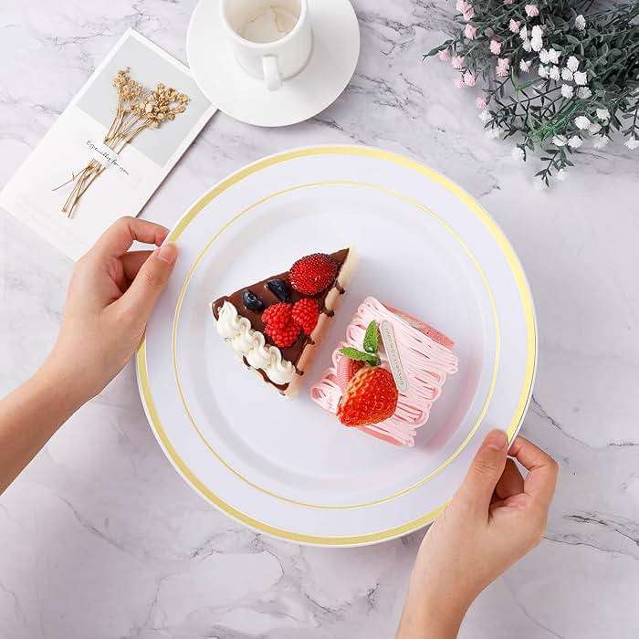 BESTVIP 200PCS Gold Plastic Plate, Disposable Party Plates with 100 Dinner Plates and 100 Dessert Plates, Plastic Plates for Party, Wedding and Birthday - Image 2