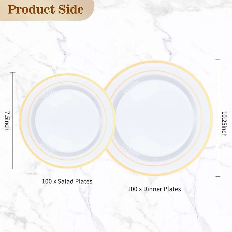 BESTVIP 200PCS Gold Plastic Plate, Disposable Party Plates with 100 Dinner Plates and 100 Dessert Plates, Plastic Plates for Party, Wedding and Birthday - Image 3