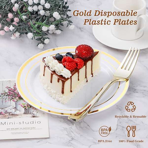 BESTVIP 200PCS Gold Plastic Plate, Disposable Party Plates with 100 Dinner Plates and 100 Dessert Plates, Plastic Plates for Party, Wedding and Birthday - Image 4