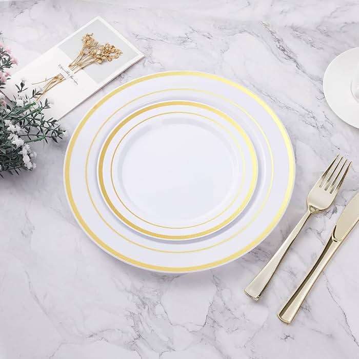 BESTVIP 200PCS Gold Plastic Plate, Disposable Party Plates with 100 Dinner Plates and 100 Dessert Plates, Plastic Plates for Party, Wedding and Birthday - Image 5
