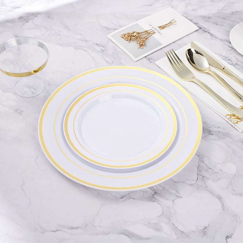 BESTVIP 200PCS Gold Plastic Plate, Disposable Party Plates with 100 Dinner Plates and 100 Dessert Plates, Plastic Plates for Party, Wedding and Birthday - Image 6