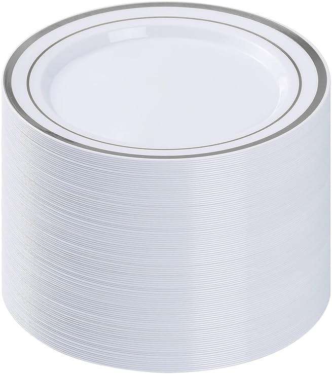 BESTVIP 100PCS Silver Plastic Plates, 10.25 Inch Disposable Dinner Plate Party with Silver Rim for Christmas, Thanksgiving, Heavy Duty Disposable Plastic Plates for Party, Wedding and Birthday, Events - Image 1