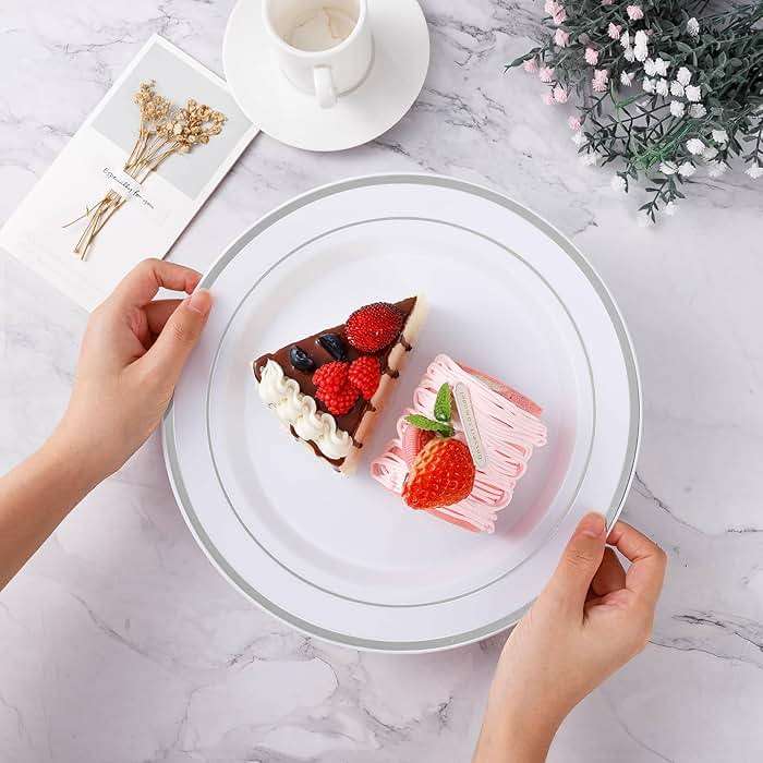 BESTVIP 100PCS Silver Plastic Plates, 10.25 Inch Disposable Dinner Plate Party with Silver Rim for Christmas, Thanksgiving, Heavy Duty Disposable Plastic Plates for Party, Wedding and Birthday, Events - Image 2