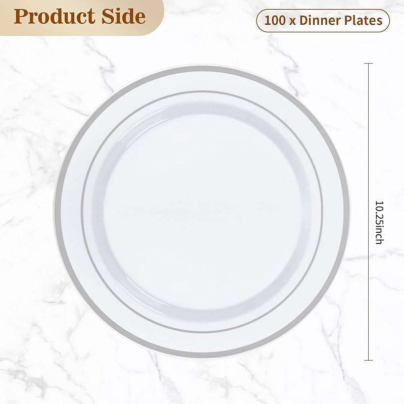BESTVIP 100PCS Silver Plastic Plates, 10.25 Inch Disposable Dinner Plate Party with Silver Rim for Christmas, Thanksgiving, Heavy Duty Disposable Plastic Plates for Party, Wedding and Birthday, Events - Image 3