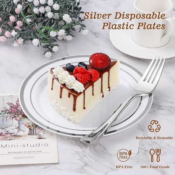 BESTVIP 100PCS Silver Plastic Plates, 10.25 Inch Disposable Dinner Plate Party with Silver Rim for Christmas, Thanksgiving, Heavy Duty Disposable Plastic Plates for Party, Wedding and Birthday, Events - Image 4