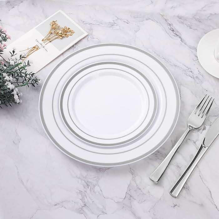 BESTVIP 100PCS Silver Plastic Plates, 10.25 Inch Disposable Dinner Plate Party with Silver Rim for Christmas, Thanksgiving, Heavy Duty Disposable Plastic Plates for Party, Wedding and Birthday, Events - Image 5