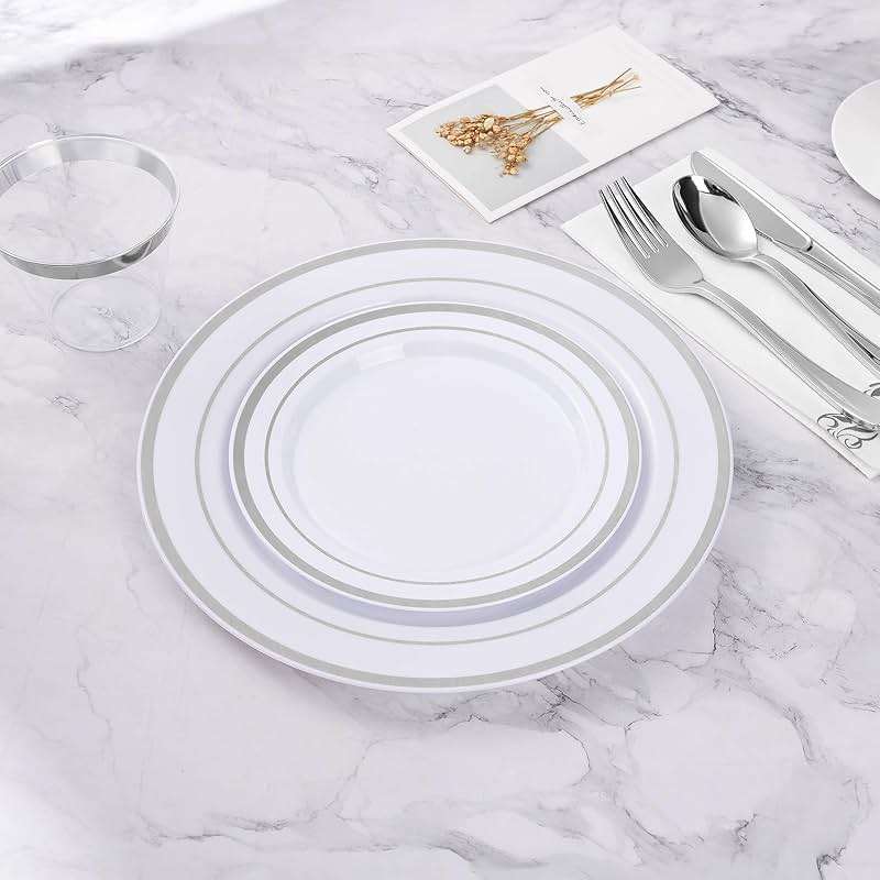 BESTVIP 100PCS Silver Plastic Plates, 10.25 Inch Disposable Dinner Plate Party with Silver Rim for Christmas, Thanksgiving, Heavy Duty Disposable Plastic Plates for Party, Wedding and Birthday, Events - Image 6