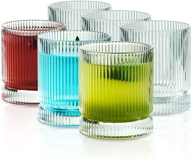 Ribbed Glass Cups Set, 13oz Vintage Drinking Glassware Set, 6 Piece Premium Glassware, Elegant Mixed Glassware Set, Origami Style Cocktail Glasses, Great for Whisky, Iced Coffee & Beverages (6PCS) - Image 1