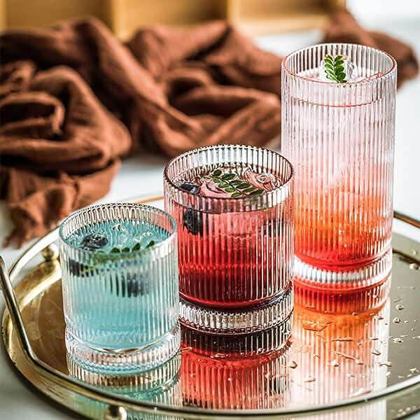 Ribbed Glass Cups Set, 13oz Vintage Drinking Glassware Set, 6 Piece Premium Glassware, Elegant Mixed Glassware Set, Origami Style Cocktail Glasses, Great for Whisky, Iced Coffee & Beverages (6PCS) - Image 2