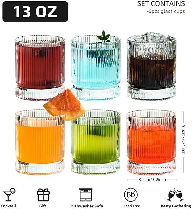 Ribbed Glass Cups Set, 13oz Vintage Drinking Glassware Set, 6 Piece Premium Glassware, Elegant Mixed Glassware Set, Origami Style Cocktail Glasses, Great for Whisky, Iced Coffee & Beverages (6PCS) - Image 3