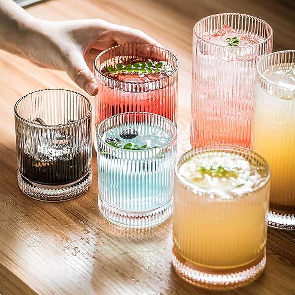 Ribbed Glass Cups Set, 13oz Vintage Drinking Glassware Set, 6 Piece Premium Glassware, Elegant Mixed Glassware Set, Origami Style Cocktail Glasses, Great for Whisky, Iced Coffee & Beverages (6PCS) - Image 6