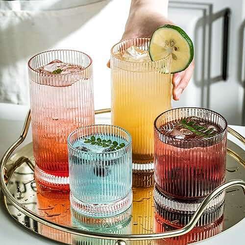 Ribbed Glass Cups Set, 13oz Vintage Drinking Glassware Set, 6 Piece Premium Glassware, Elegant Mixed Glassware Set, Origami Style Cocktail Glasses, Great for Whisky, Iced Coffee & Beverages (6PCS) - Image 8