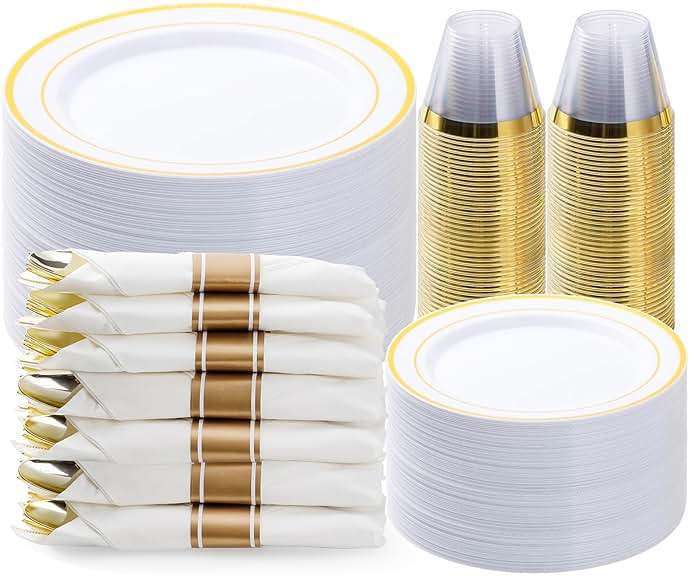 BESTVIP 350PCS Gold Plastic Dinnerware Set, Disposable Party Plates for 50 Guests, Include: 100 Plastic Plates, 50 Pre Rolled Napkins with Gold Silverware, 50 Cups - Image 1