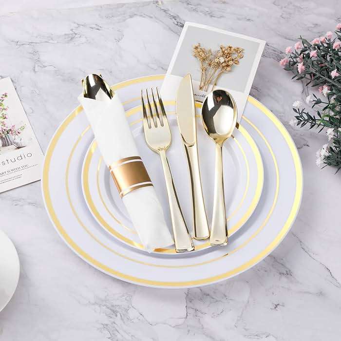 BESTVIP 350PCS Gold Plastic Dinnerware Set, Disposable Party Plates for 50 Guests, Include: 100 Plastic Plates, 50 Pre Rolled Napkins with Gold Silverware, 50 Cups - Image 2