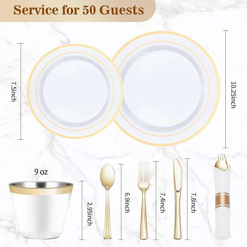 BESTVIP 350PCS Gold Plastic Dinnerware Set, Disposable Party Plates for 50 Guests, Include: 100 Plastic Plates, 50 Pre Rolled Napkins with Gold Silverware, 50 Cups - Image 3