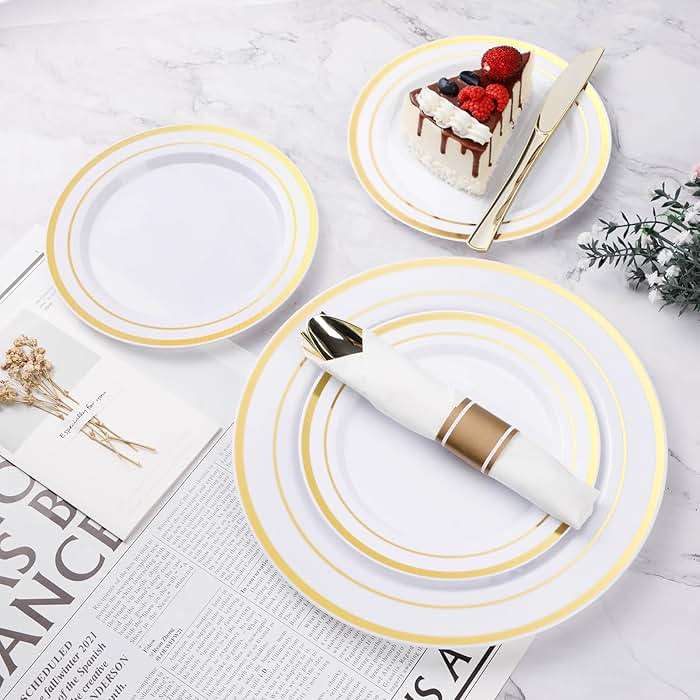 BESTVIP 350PCS Gold Plastic Dinnerware Set, Disposable Party Plates for 50 Guests, Include: 100 Plastic Plates, 50 Pre Rolled Napkins with Gold Silverware, 50 Cups - Image 4