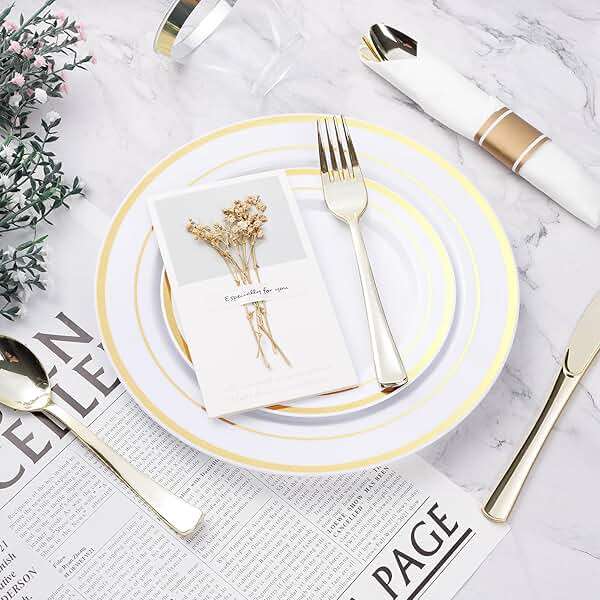 BESTVIP 350PCS Gold Plastic Dinnerware Set, Disposable Party Plates for 50 Guests, Include: 100 Plastic Plates, 50 Pre Rolled Napkins with Gold Silverware, 50 Cups - Image 5