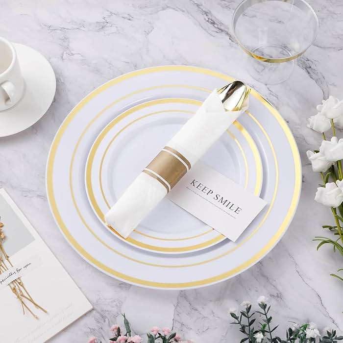 BESTVIP 350PCS Gold Plastic Dinnerware Set, Disposable Party Plates for 50 Guests, Include: 100 Plastic Plates, 50 Pre Rolled Napkins with Gold Silverware, 50 Cups - Image 6