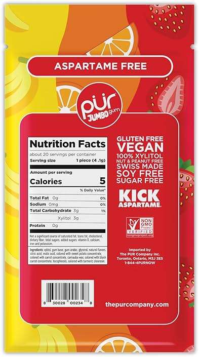 PUR Jumbo Gum | Aspartame Free Chewing Gum | 100% Xylitol | Natural Strawberry, Banana, Orange Flavor, 20 Pieces (Pack of 3) - Image 2