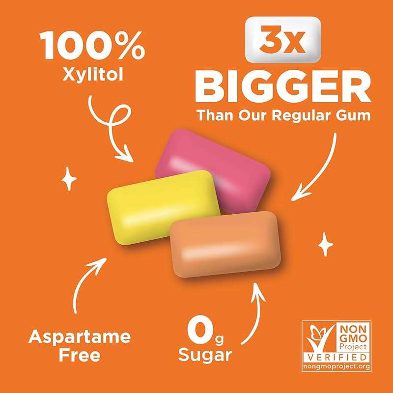 PUR Jumbo Gum | Aspartame Free Chewing Gum | 100% Xylitol | Natural Strawberry, Banana, Orange Flavor, 20 Pieces (Pack of 3) - Image 5