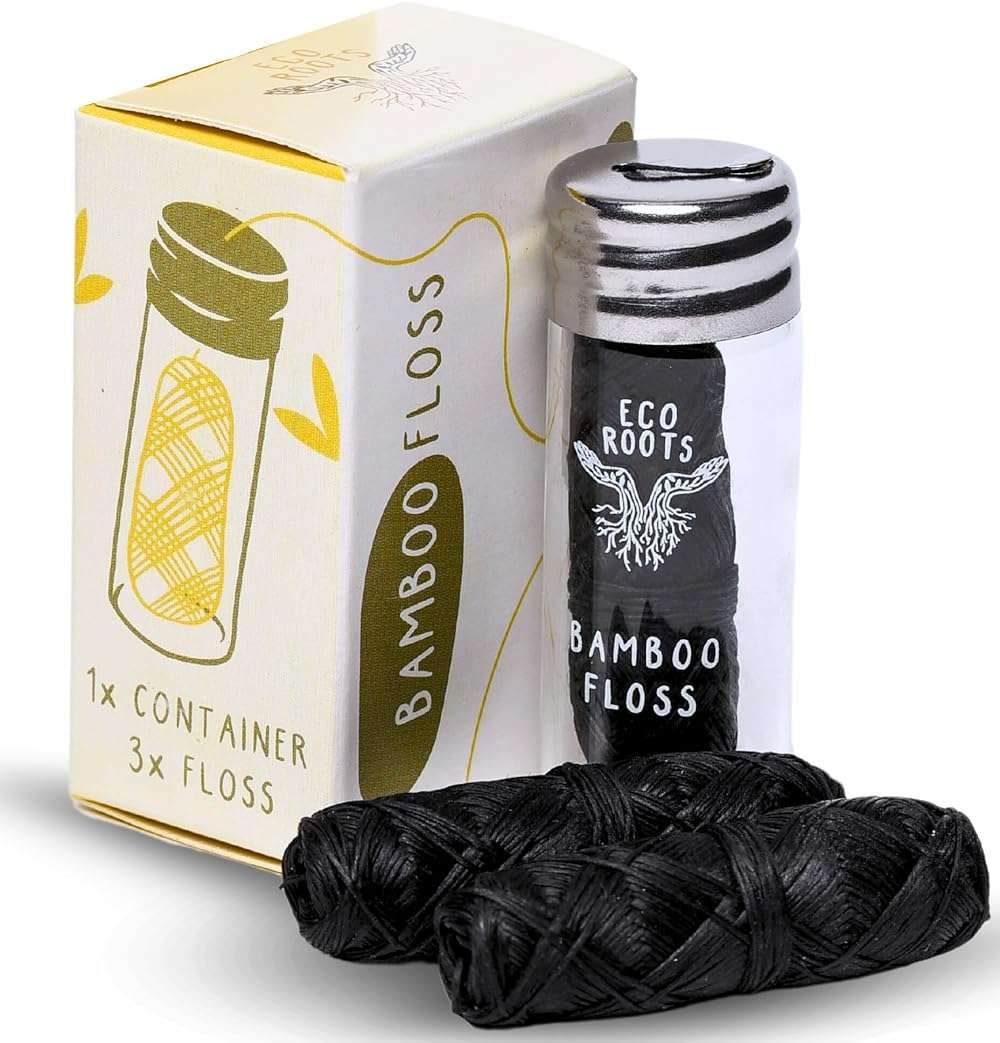 Natural Bamboo Dental Floss: 1 Refillable Glass Container + 3 Biodegradable Bamboo Floss Refill (33 Yards Each), Eco-Friendly, Vegan, Non-Toxic Natural Floss - Refillable Zero Waste Black Thick Floss - Image 1