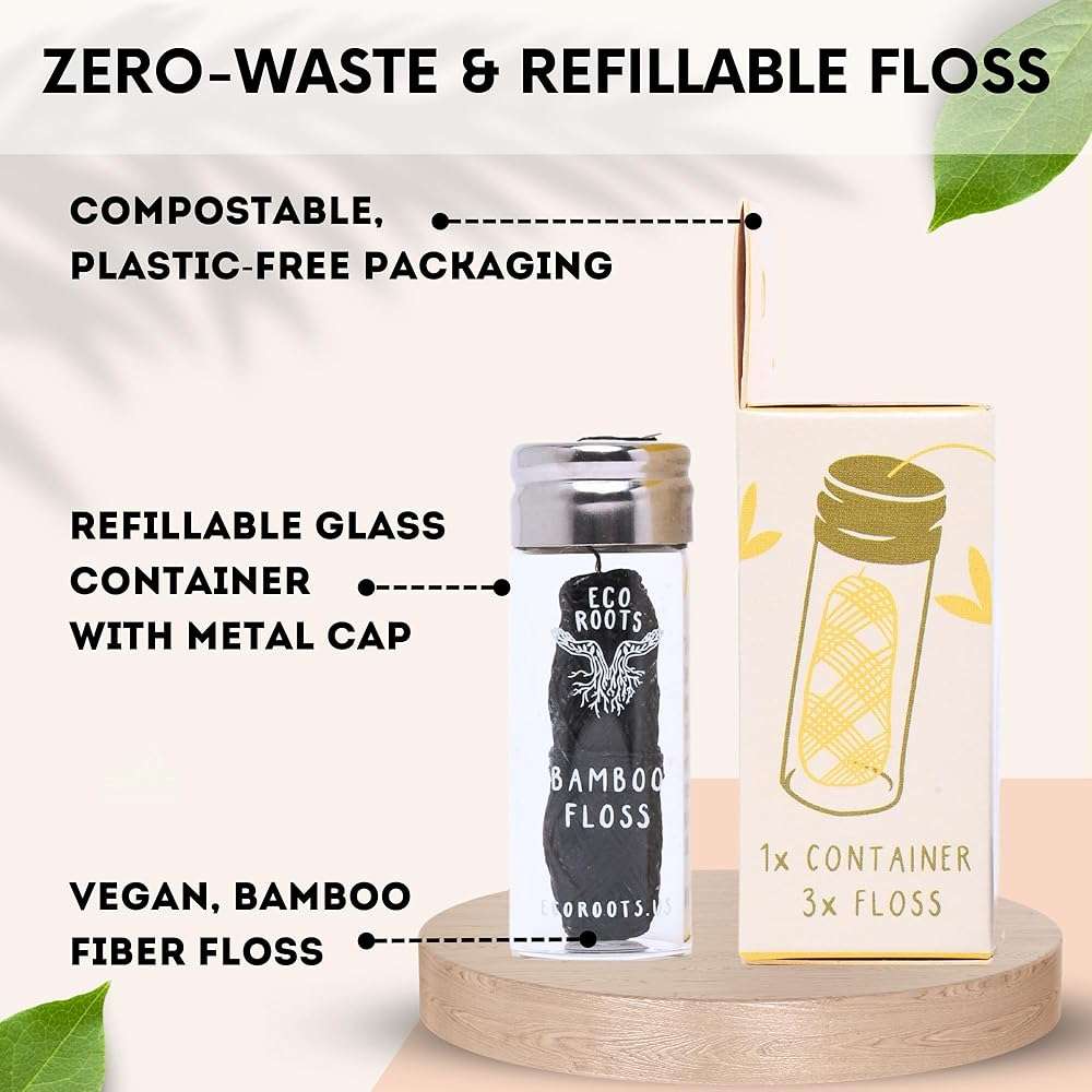 Natural Bamboo Dental Floss: 1 Refillable Glass Container + 3 Biodegradable Bamboo Floss Refill (33 Yards Each), Eco-Friendly, Vegan, Non-Toxic Natural Floss - Refillable Zero Waste Black Thick Floss - Image 2