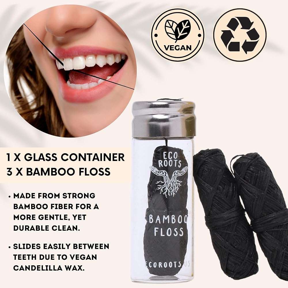 Natural Bamboo Dental Floss: 1 Refillable Glass Container + 3 Biodegradable Bamboo Floss Refill (33 Yards Each), Eco-Friendly, Vegan, Non-Toxic Natural Floss - Refillable Zero Waste Black Thick Floss - Image 3