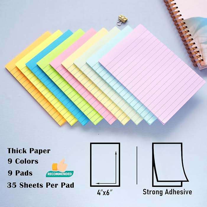 HQCME 9 Pack Lined Sticky Notes 4X6 in Post, 9 Pastel Colors Large Ruled Post Sticky Colorful Super Sticking Power Memo Pads Strong Adhesive, Sticky Notes with Lines Office, Home, 35 Sheets/pad - Image 3