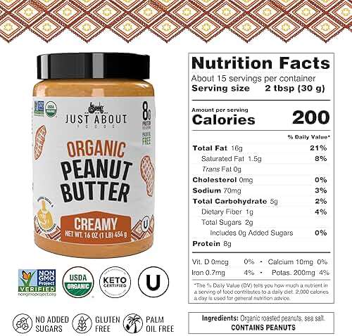 Just About Foods Organic & Keto Peanut Butter Creamy 1 lb Gluten-Free, No Sugar Added, No Palm Oil, Unsweetened Peanut Spread, USDA Organic & Non-GMO - Image 2