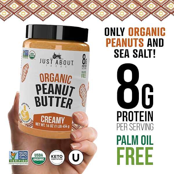 Just About Foods Organic & Keto Peanut Butter Creamy 1 lb Gluten-Free, No Sugar Added, No Palm Oil, Unsweetened Peanut Spread, USDA Organic & Non-GMO - Image 3