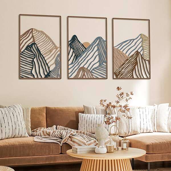 Peryiter 3 Pcs Metal Wall Art Decor Landscape Mountain Wall Hanging Decor for Living Room Abstract Minimalist Modern Mountain Line Pictures Bathroom Office Home Gifts Indoor(Vibrant Colors) - Image 1