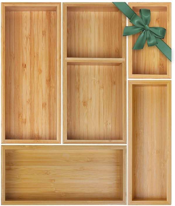 Bamboo Drawer Organizer Set, 5 PCS Multi-Use Individual Wood Storage Organizers, Junk Drawer Divider and Storage Trays Containers for Kitchen, Bathroom, Office Desk, Makeup, Jewelry, Utensils - Image 1