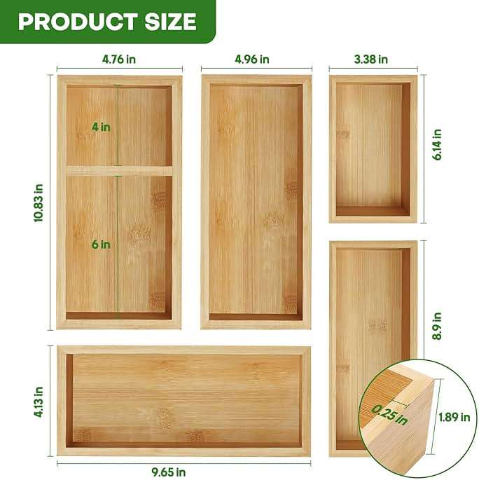Bamboo Drawer Organizer Set, 5 PCS Multi-Use Individual Wood Storage Organizers, Junk Drawer Divider and Storage Trays Containers for Kitchen, Bathroom, Office Desk, Makeup, Jewelry, Utensils - Image 2