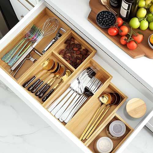 Bamboo Drawer Organizer Set, 5 PCS Multi-Use Individual Wood Storage Organizers, Junk Drawer Divider and Storage Trays Containers for Kitchen, Bathroom, Office Desk, Makeup, Jewelry, Utensils - Image 3