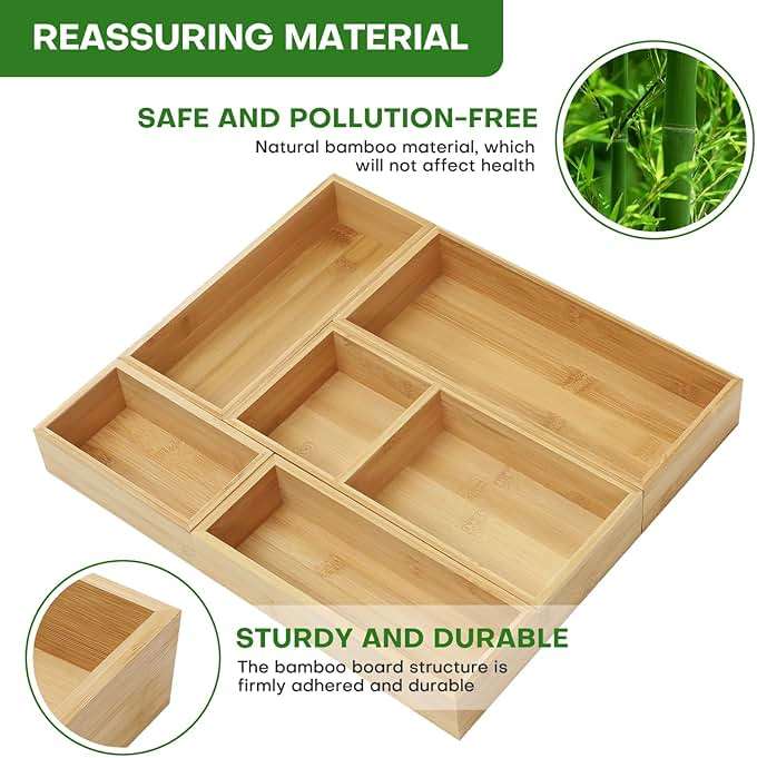 Bamboo Drawer Organizer Set, 5 PCS Multi-Use Individual Wood Storage Organizers, Junk Drawer Divider and Storage Trays Containers for Kitchen, Bathroom, Office Desk, Makeup, Jewelry, Utensils - Image 5