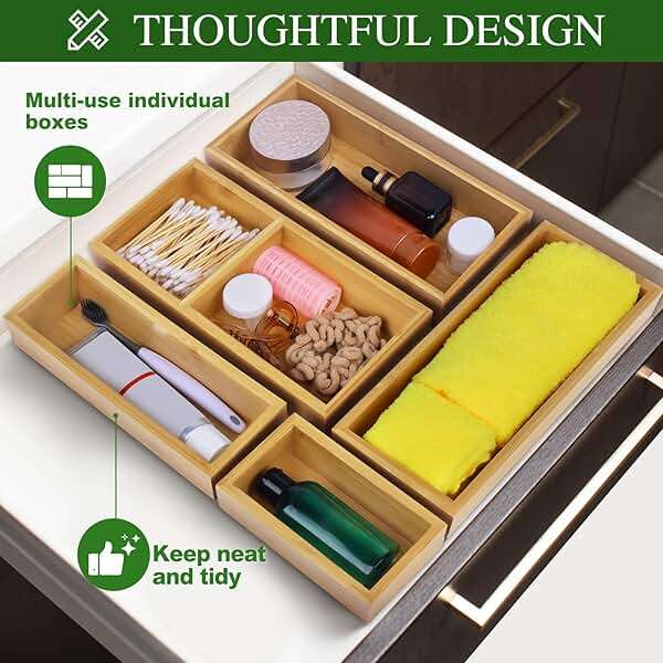 Bamboo Drawer Organizer Set, 5 PCS Multi-Use Individual Wood Storage Organizers, Junk Drawer Divider and Storage Trays Containers for Kitchen, Bathroom, Office Desk, Makeup, Jewelry, Utensils - Image 6