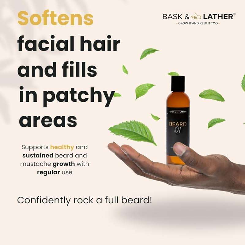 BASK & LATHER Beard Growth Oil, Frizz Free Hair Oil for Men Beard Care with Vitamins & Natural Ingredients to Hydrate, Smooth & Soften for Shiny, Thicker Fuller Beard Hair and Texture, 4 fl oz. - Image 3