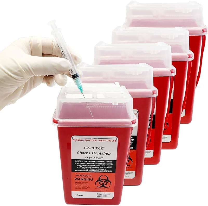 DWCHECK Sharps Container for Home Use 1 Quart, 5 Pack Professional Needle Disposal Containers, Biohazard Needle and Syringe Disposal Containers, Small Sharps Disposal Container for Travel - Image 1