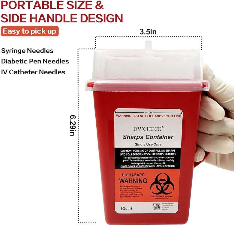 DWCHECK Sharps Container for Home Use 1 Quart, 5 Pack Professional Needle Disposal Containers, Biohazard Needle and Syringe Disposal Containers, Small Sharps Disposal Container for Travel - Image 5