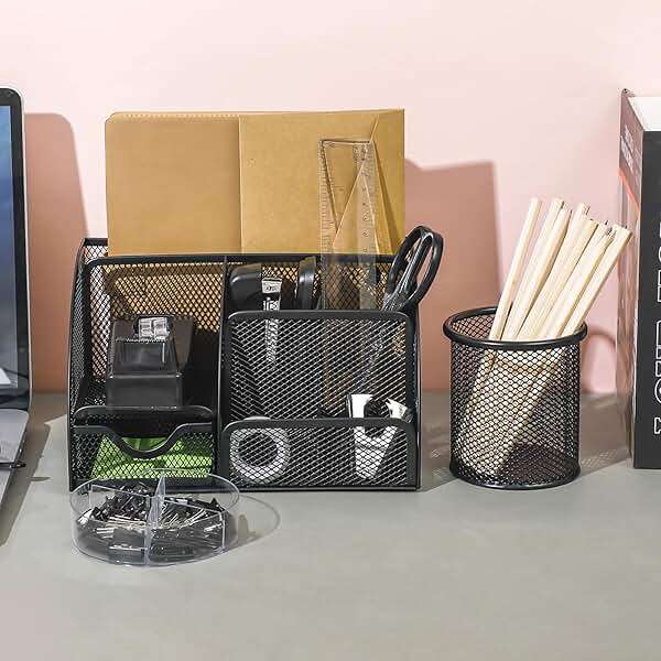 Black Desk Organizer and Accessories, Black Desk Asccessories Office Supply Kit Include Mesh Desktop Organizer Stapler 1000 Staples Tape Dispenser Pen Holder Staple Remover Clips Ruler Scissors - Image 2