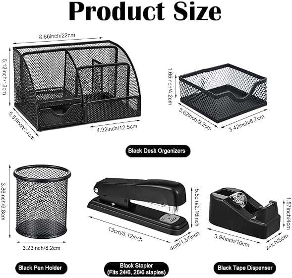 Black Desk Organizer and Accessories, Black Desk Asccessories Office Supply Kit Include Mesh Desktop Organizer Stapler 1000 Staples Tape Dispenser Pen Holder Staple Remover Clips Ruler Scissors - Image 3