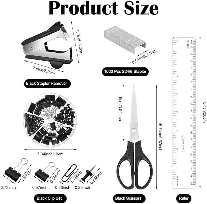 Black Desk Organizer and Accessories, Black Desk Asccessories Office Supply Kit Include Mesh Desktop Organizer Stapler 1000 Staples Tape Dispenser Pen Holder Staple Remover Clips Ruler Scissors - Image 4