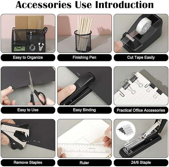 Black Desk Organizer and Accessories, Black Desk Asccessories Office Supply Kit Include Mesh Desktop Organizer Stapler 1000 Staples Tape Dispenser Pen Holder Staple Remover Clips Ruler Scissors - Image 5