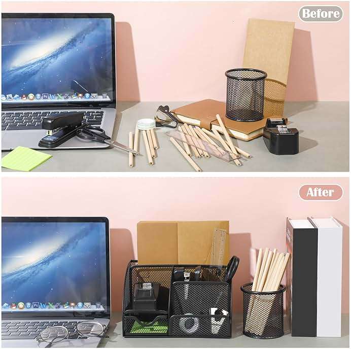 Black Desk Organizer and Accessories, Black Desk Asccessories Office Supply Kit Include Mesh Desktop Organizer Stapler 1000 Staples Tape Dispenser Pen Holder Staple Remover Clips Ruler Scissors - Image 6