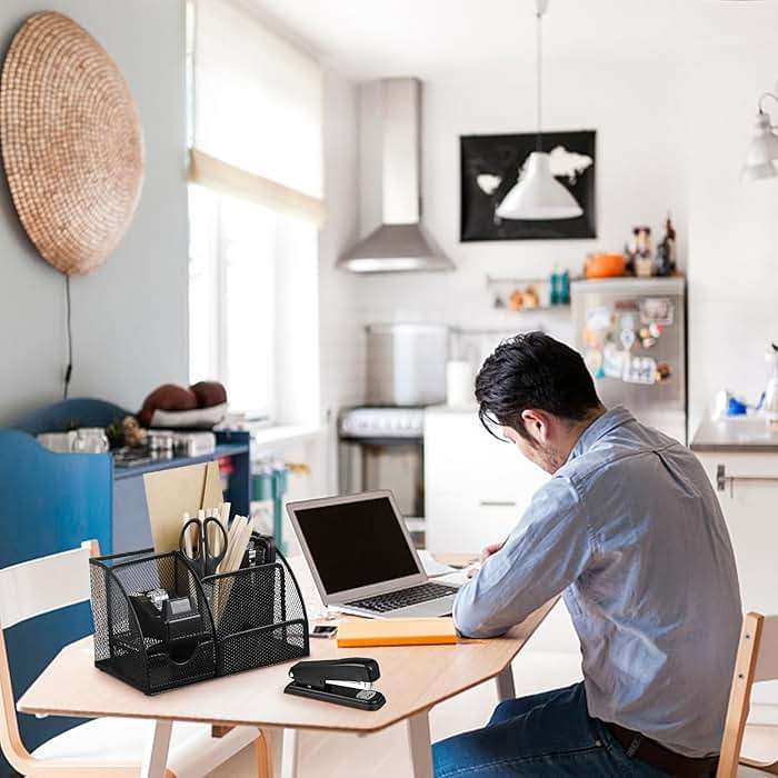 Black Desk Organizer and Accessories, Black Desk Asccessories Office Supply Kit Include Mesh Desktop Organizer Stapler 1000 Staples Tape Dispenser Pen Holder Staple Remover Clips Ruler Scissors - Image 7