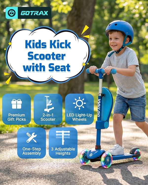 Gotrax KS3 Kids Kick Scooter, LED Lighted Wheels, Adjustable Height Handlebars and Removable Seat, Lean-to-Steer & Widen Anti-Slip Deck, 3 Wheel Scooter for Kids Ages 2-8 and up to 110 Lbs - Image 2