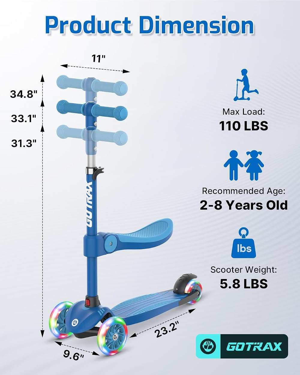 Gotrax KS3 Kids Kick Scooter, LED Lighted Wheels, Adjustable Height Handlebars and Removable Seat, Lean-to-Steer & Widen Anti-Slip Deck, 3 Wheel Scooter for Kids Ages 2-8 and up to 110 Lbs - Image 9