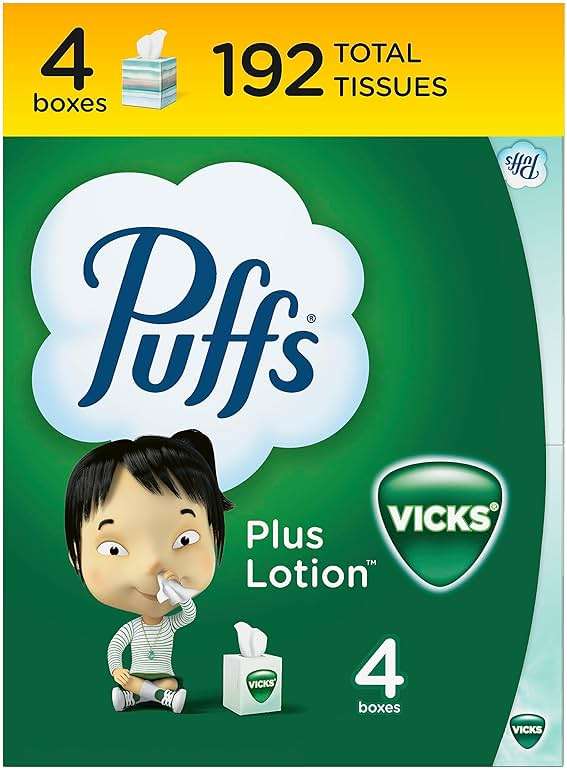 Puffs Plus Lotion with Vicks Facial Tissues, 4 Cubes, 48 Tissues per Box (192 Tissues) [Packaging May Vary] - Image 1