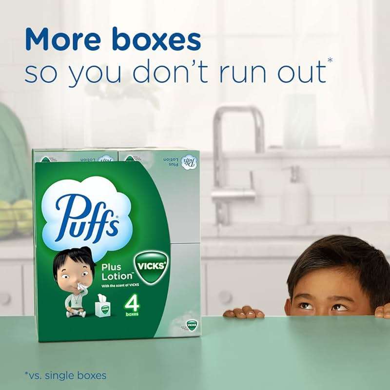 Puffs Plus Lotion with Vicks Facial Tissues, 4 Cubes, 48 Tissues per Box (192 Tissues) [Packaging May Vary] - Image 3